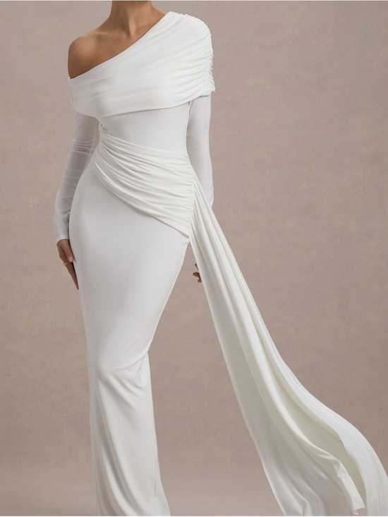 Club L London Dresses & Skirts - Club L London White One-Shoulder Asymmetric Ruched Gown with Draped Train